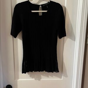 White House Black Market Black Short-Sleeve Ribbed Top with Ruffle Hem